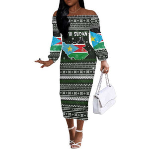 South Sudan Christmas Off The Shoulder Long Sleeve Dress National Map Flag Colors and Sleeping Rhino Motif - African Pride