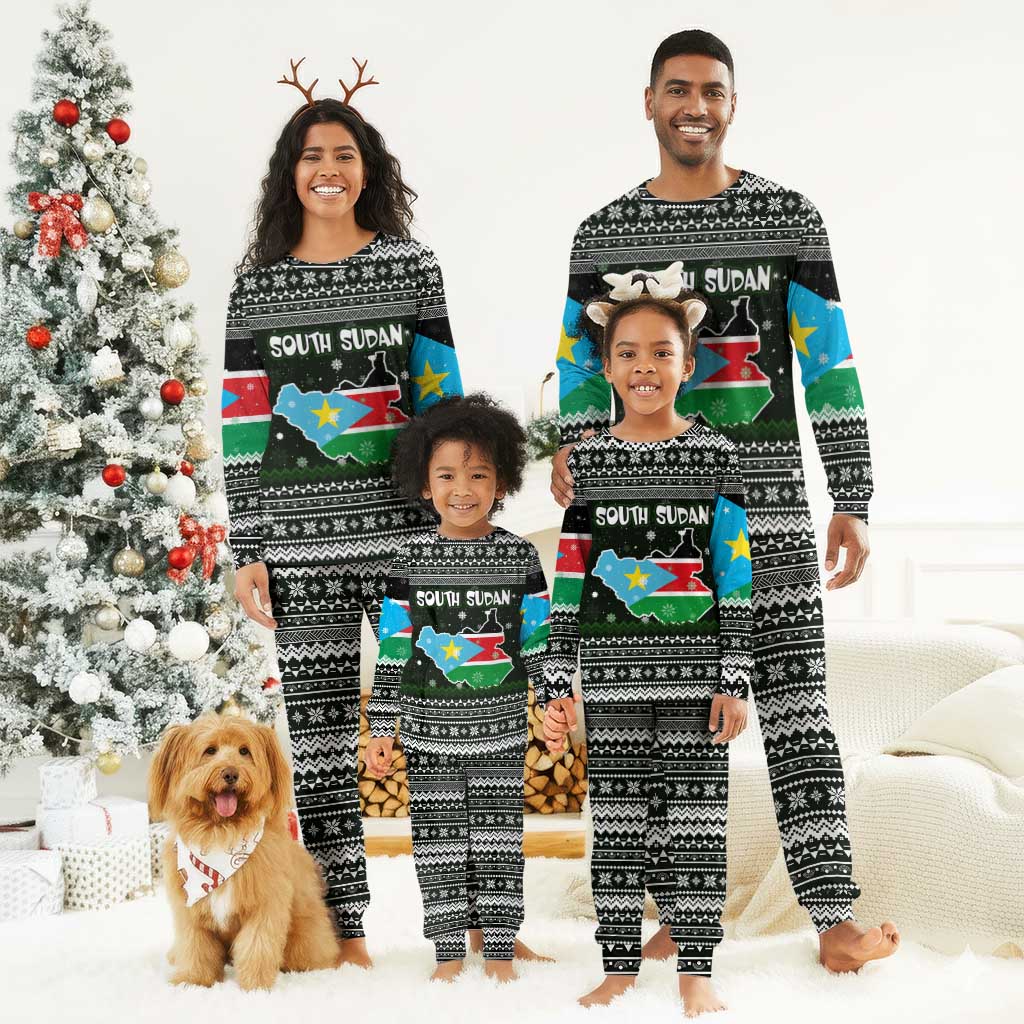 South Sudan Christmas Pajama Set National Map Flag Colors and Sleeping Rhino Motif - African Pride