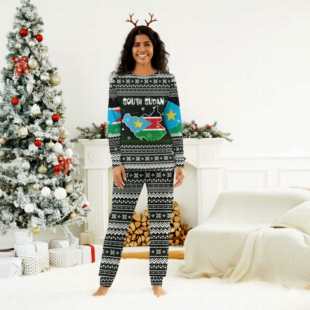 South Sudan Christmas Pajama Set National Map Flag Colors and Sleeping Rhino Motif - African Pride