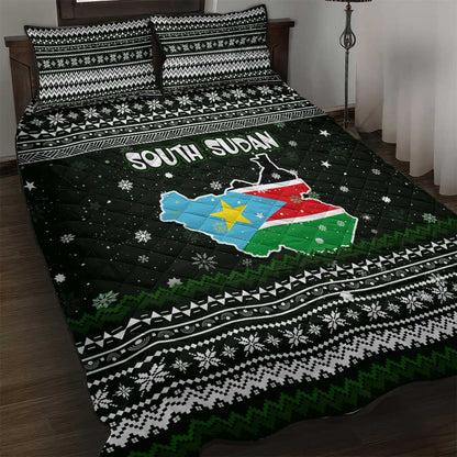 South Sudan Christmas Quilt Bed Set National Map Flag Colors and Sleeping Rhino Motif - African Pride