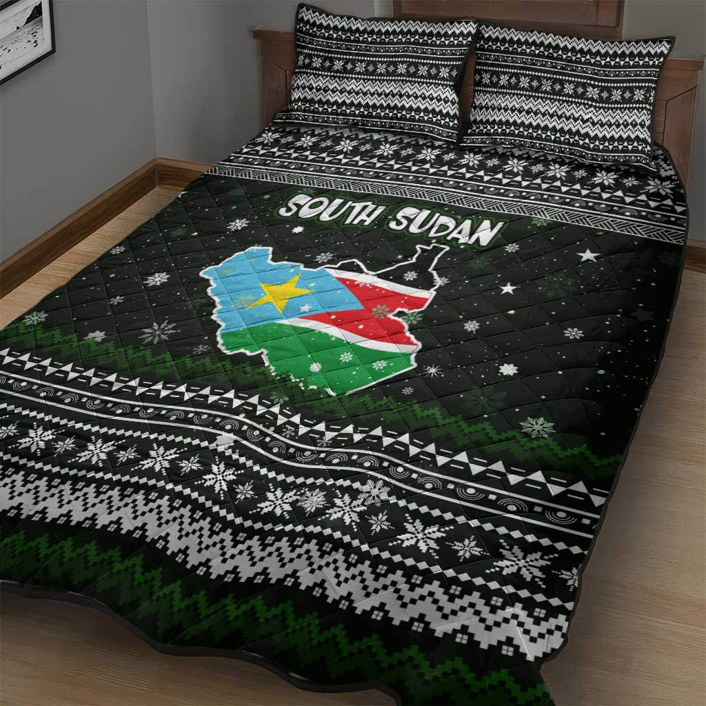 South Sudan Christmas Quilt Bed Set National Map Flag Colors and Sleeping Rhino Motif - African Pride