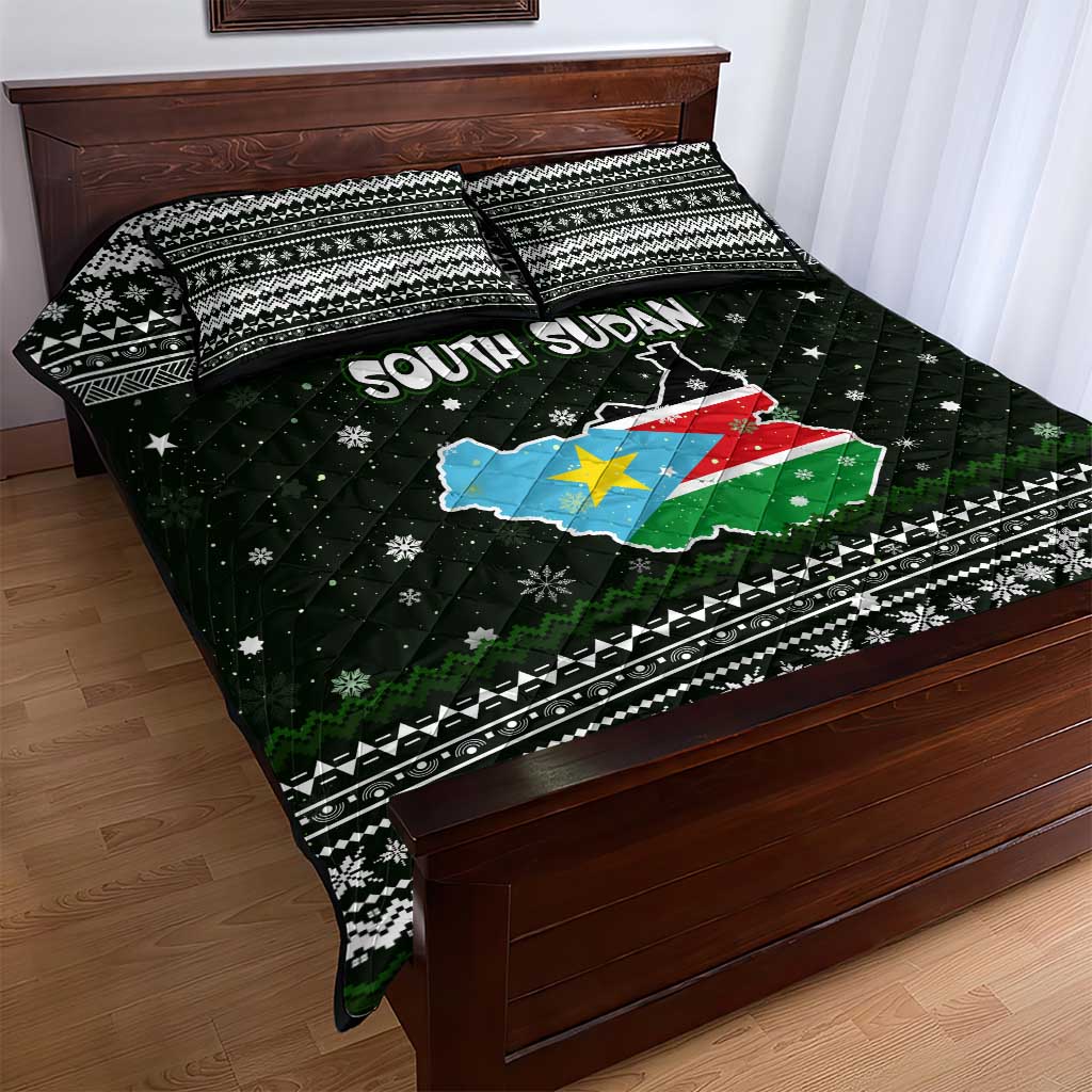 South Sudan Christmas Quilt Bed Set National Map Flag Colors and Sleeping Rhino Motif - African Pride