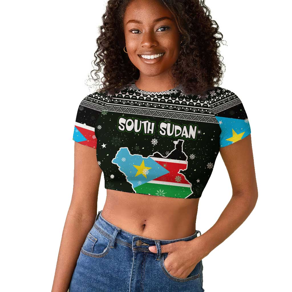 South Sudan Christmas Raglan Cropped T shirt National Map Flag Colors and Sleeping Rhino Motif - African Pride