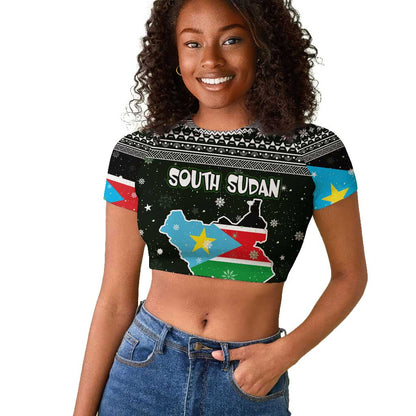South Sudan Christmas Raglan Cropped T shirt National Map Flag Colors and Sleeping Rhino Motif - African Pride