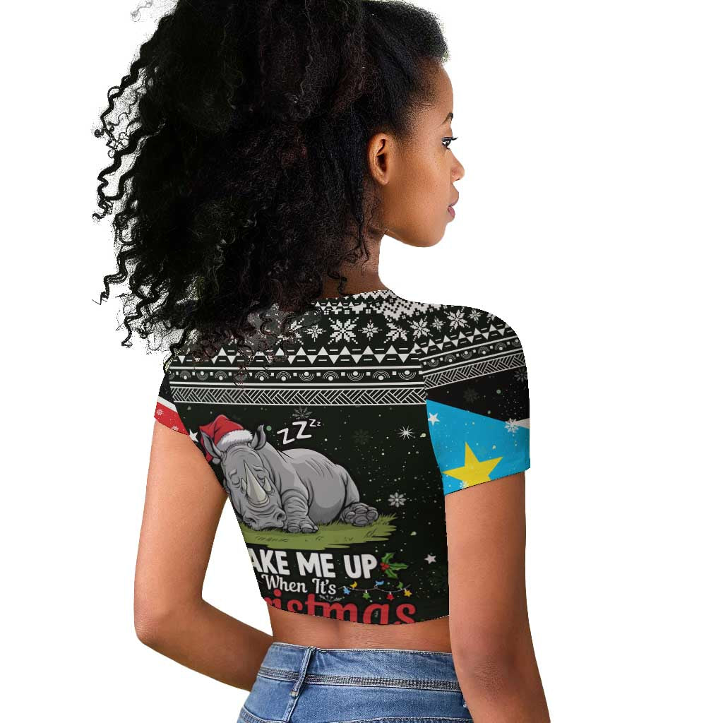 South Sudan Christmas Raglan Cropped T shirt National Map Flag Colors and Sleeping Rhino Motif - African Pride
