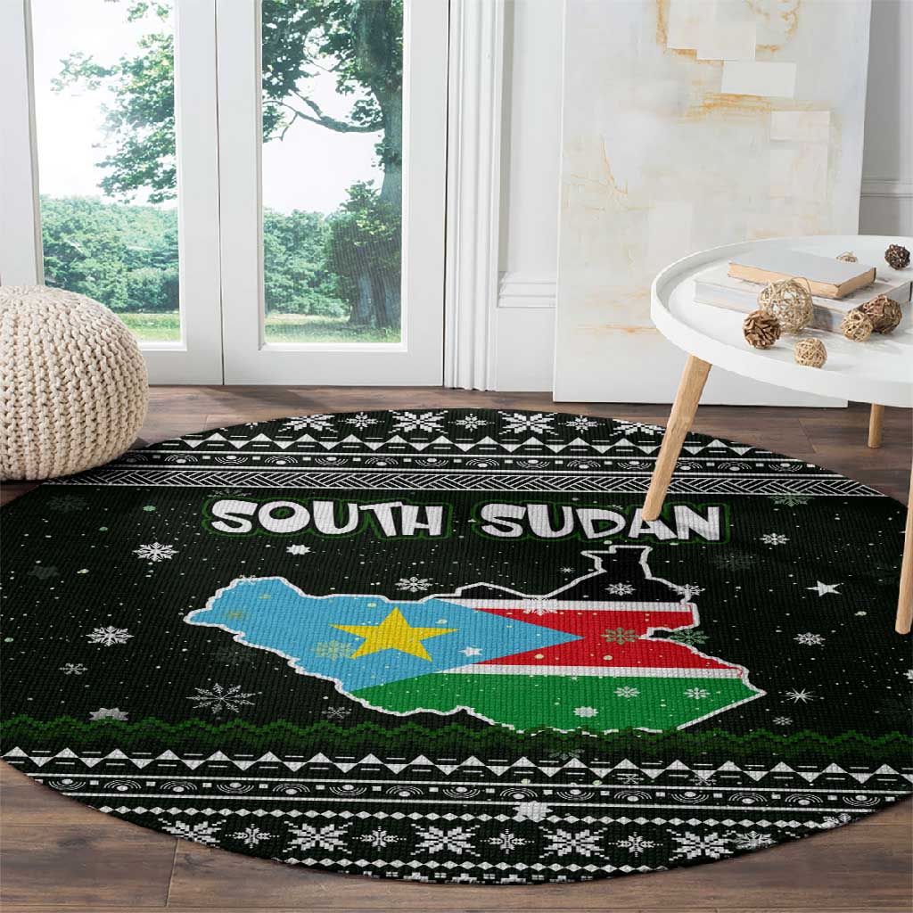 South Sudan Christmas Round Carpet National Map Flag Colors and Sleeping Rhino Motif - African Pride
