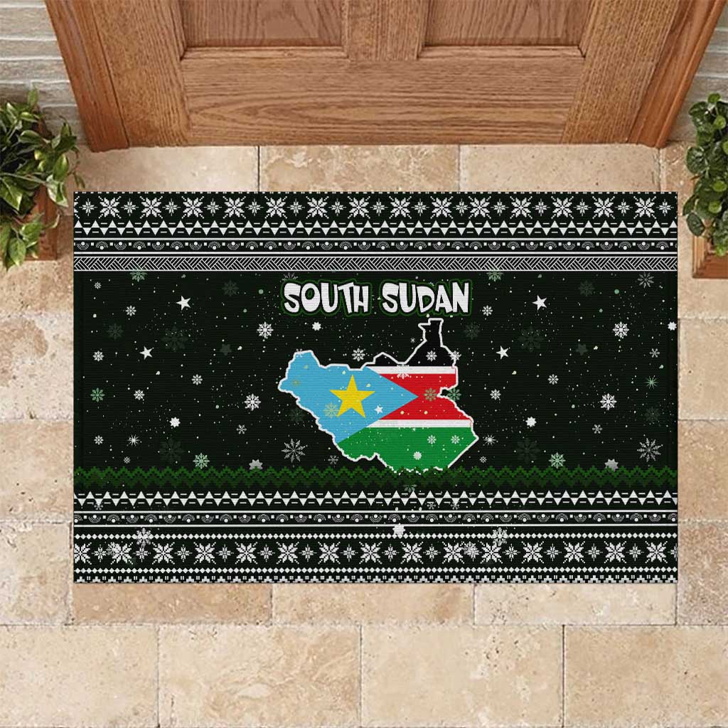 South Sudan Christmas Rubber Doormat National Map Flag Colors and Sleeping Rhino Motif - African Pride