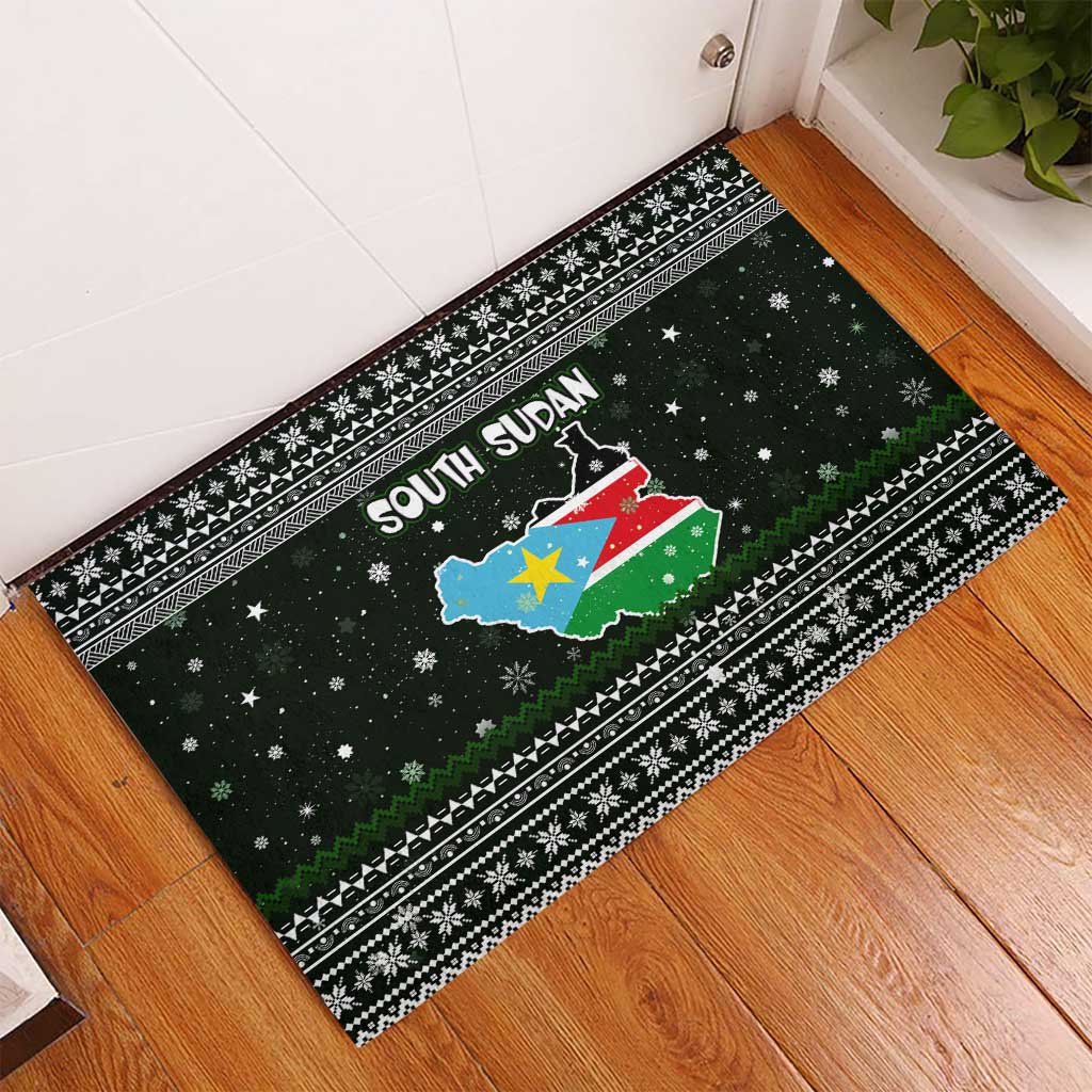 South Sudan Christmas Rubber Doormat National Map Flag Colors and Sleeping Rhino Motif - African Pride
