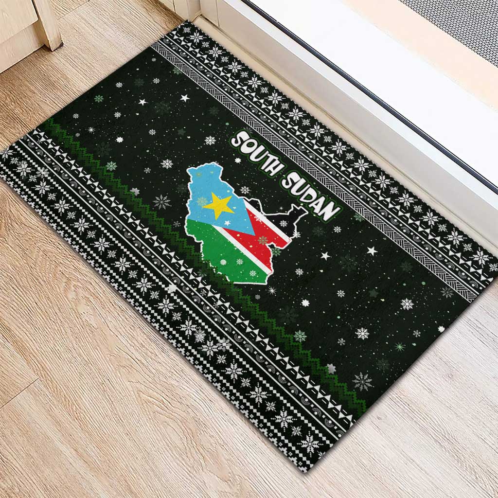 South Sudan Christmas Rubber Doormat National Map Flag Colors and Sleeping Rhino Motif - African Pride