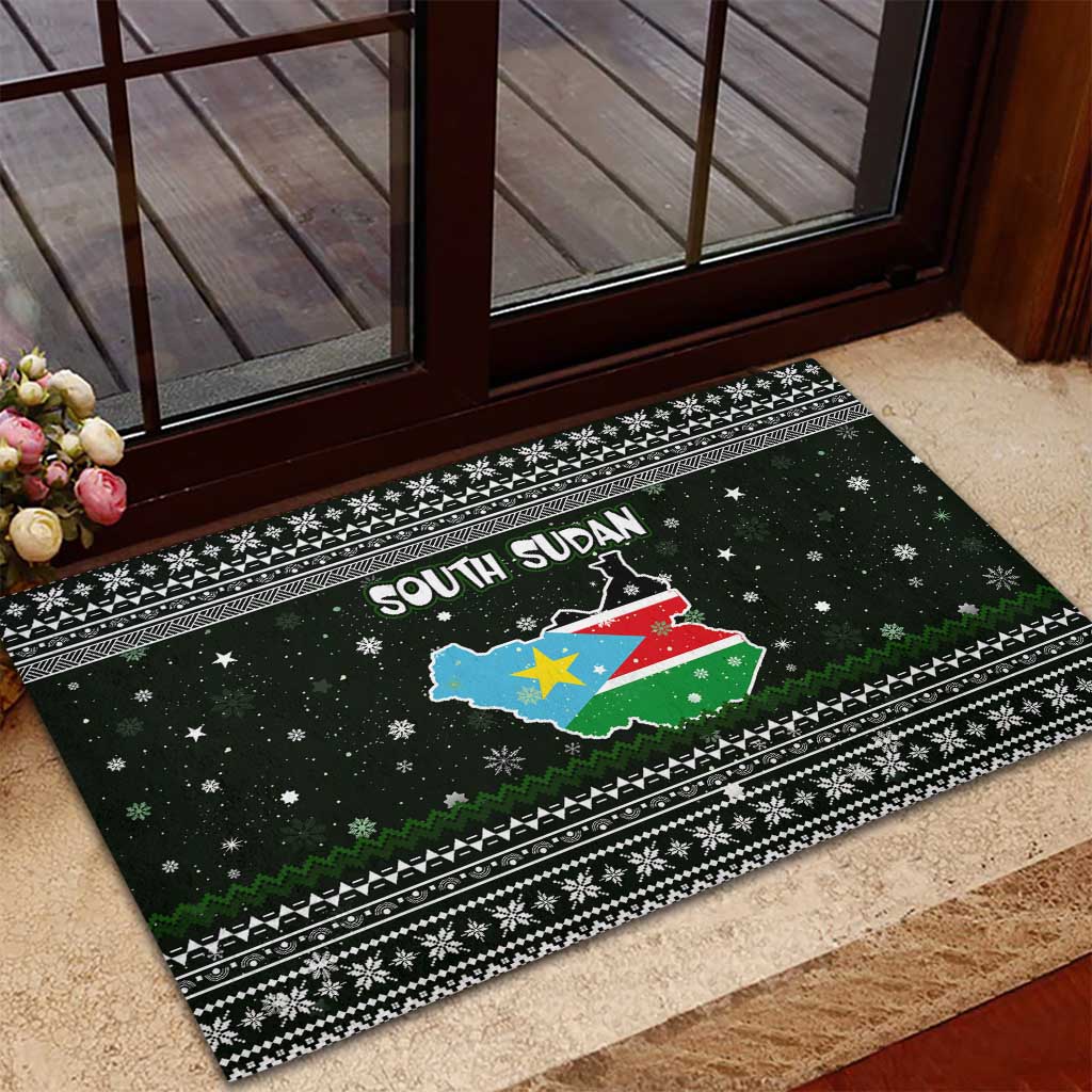 South Sudan Christmas Rubber Doormat National Map Flag Colors and Sleeping Rhino Motif - African Pride