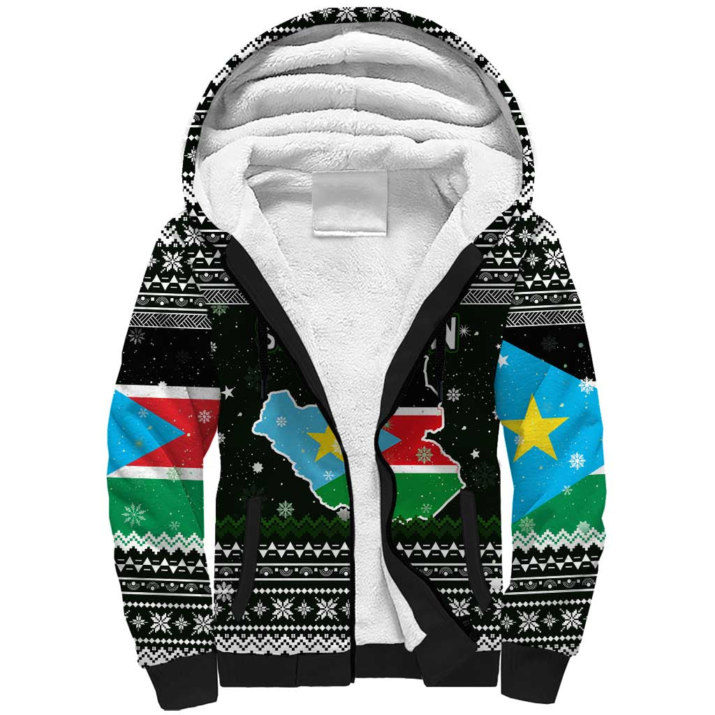 South Sudan Christmas Sherpa Hoodie National Map Flag Colors and Sleeping Rhino Motif - African Pride