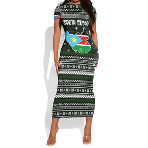 South Sudan Christmas Short Sleeve Bodycon Dress National Map Flag Colors and Sleeping Rhino Motif - African Pride