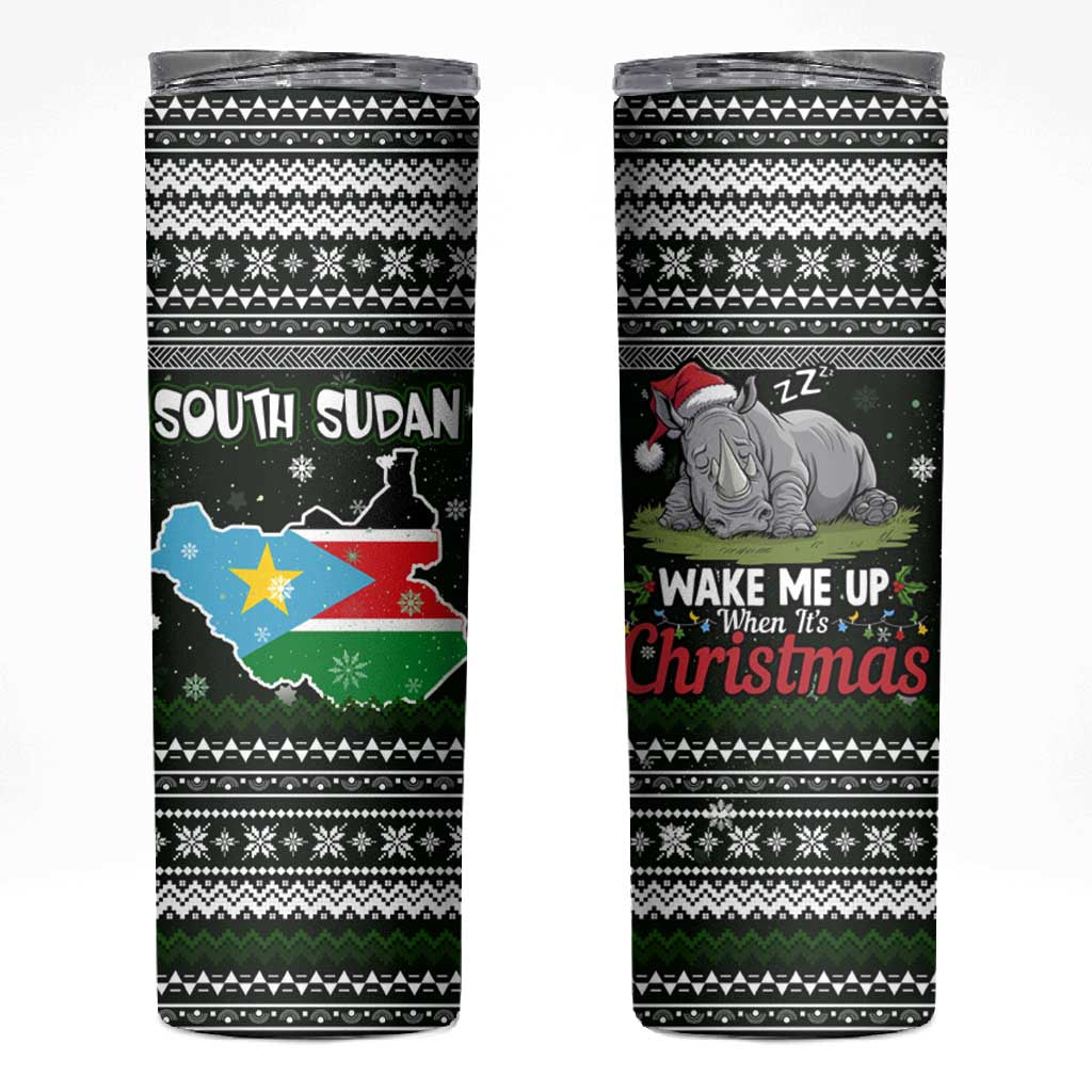 South Sudan Christmas Skinny Tumbler National Map Flag Colors and Sleeping Rhino Motif - African Pride