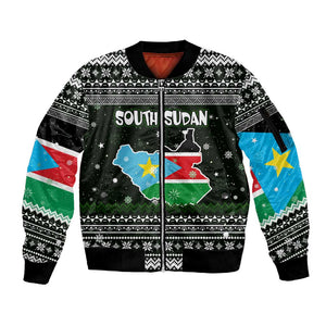 South Sudan Christmas Sleeve Zip Bomber Jacket National Map Flag Colors and Sleeping Rhino Motif - African Pride