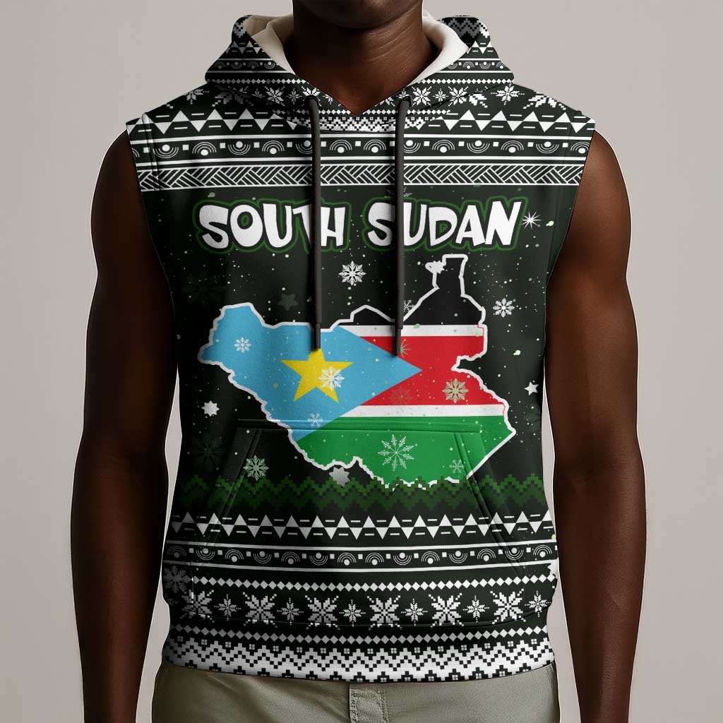 South Sudan Christmas Sleeveless Hoodie National Map Flag Colors and Sleeping Rhino Motif - African Pride