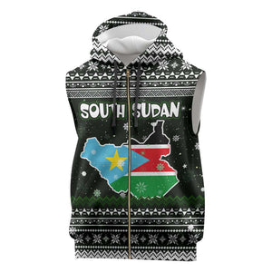 South Sudan Christmas Sleeveless Zip Hoodie National Map Flag Colors and Sleeping Rhino Motif - African Pride