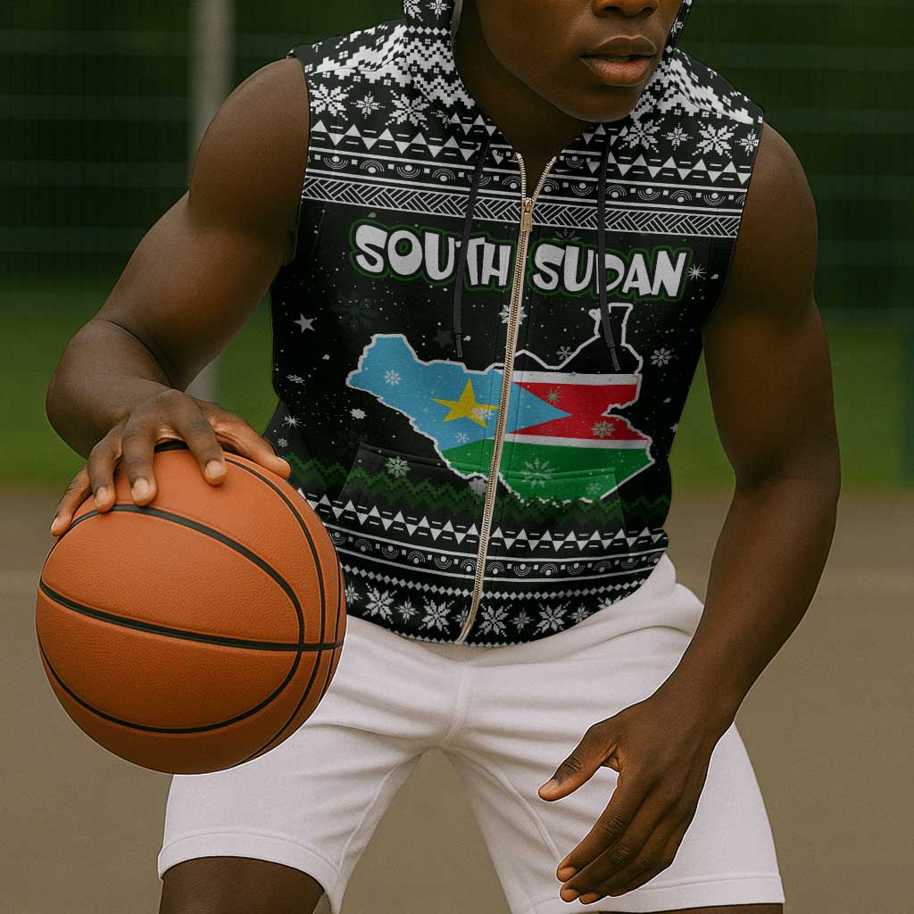 South Sudan Christmas Sleeveless Zip Hoodie National Map Flag Colors and Sleeping Rhino Motif - African Pride