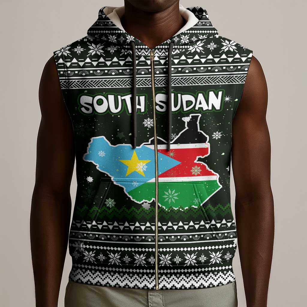 South Sudan Christmas Sleeveless Zip Hoodie National Map Flag Colors and Sleeping Rhino Motif - African Pride