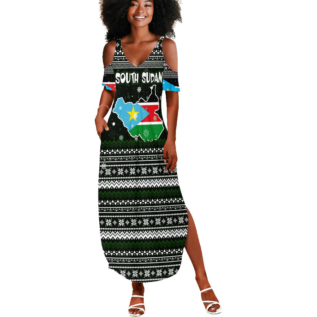 South Sudan Christmas Summer Maxi Dress National Map Flag Colors and Sleeping Rhino Motif - African Pride