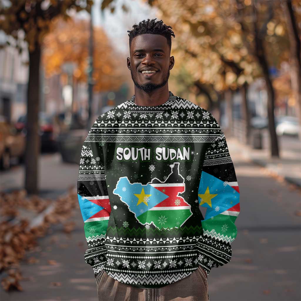 South Sudan Christmas Sweatshirt National Map Flag Colors and Sleeping Rhino Motif - African Pride