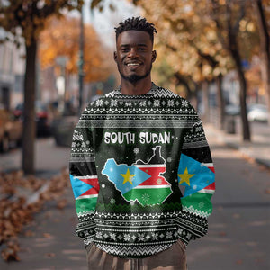 South Sudan Christmas Sweatshirt National Map Flag Colors and Sleeping Rhino Motif - African Pride