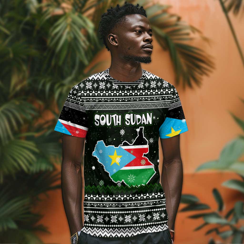 South Sudan Christmas T shirt National Map Flag Colors and Sleeping Rhino Motif - African Pride