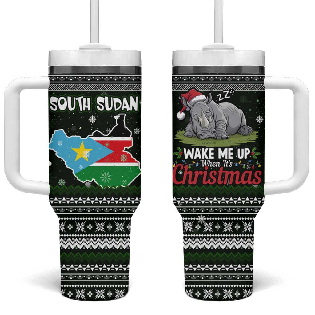 South Sudan Christmas Tumbler With Handle National Map Flag Colors and Sleeping Rhino Motif - African Pride