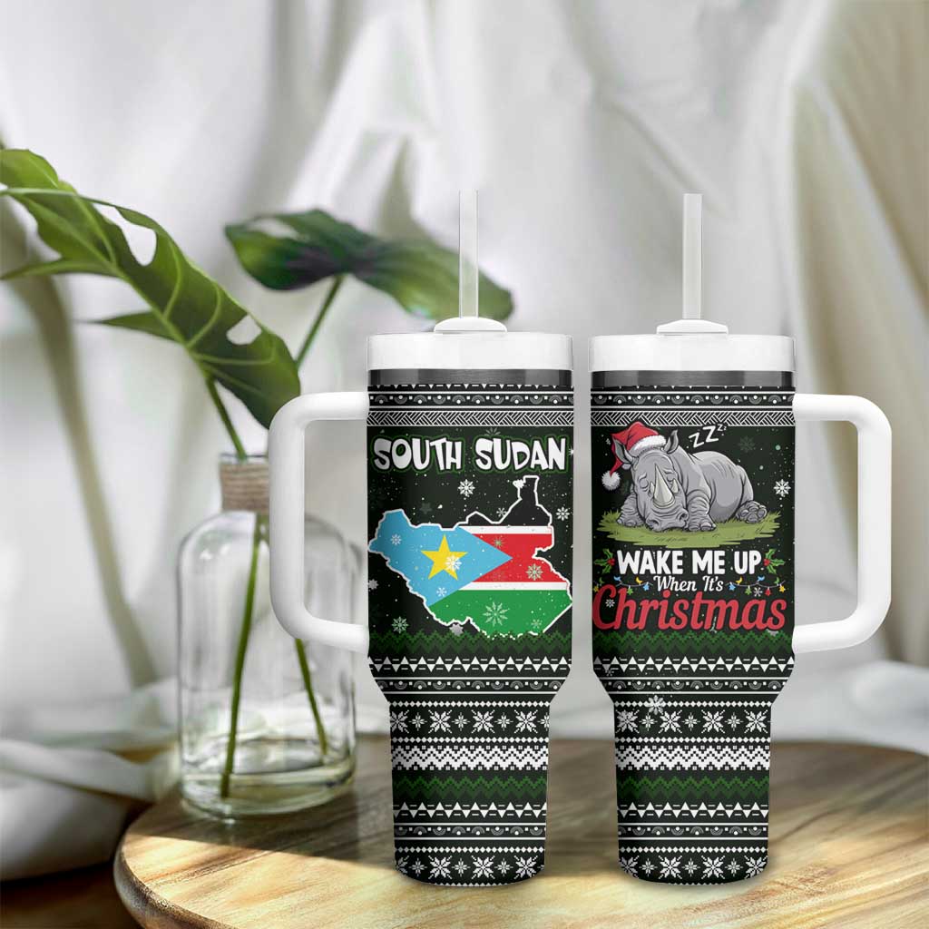 South Sudan Christmas Tumbler With Handle National Map Flag Colors and Sleeping Rhino Motif - African Pride