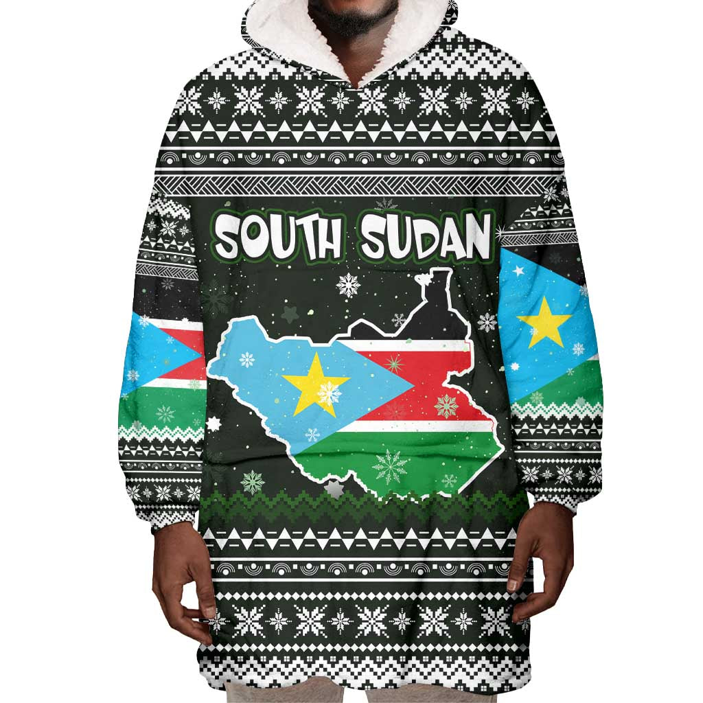 South Sudan Christmas Wearable Blanket Hoodie National Map Flag Colors and Sleeping Rhino Motif - African Pride