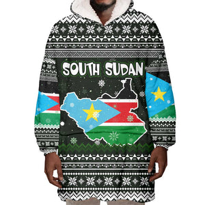 South Sudan Christmas Wearable Blanket Hoodie National Map Flag Colors and Sleeping Rhino Motif - African Pride