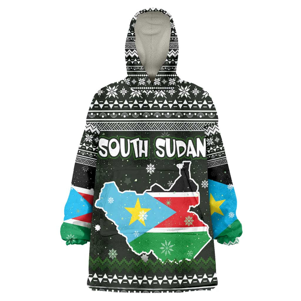 South Sudan Christmas Wearable Blanket Hoodie National Map Flag Colors and Sleeping Rhino Motif - African Pride