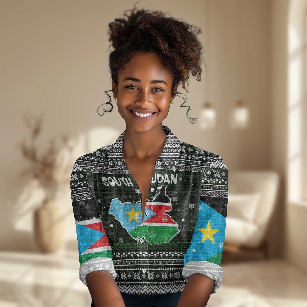 South Sudan Christmas Women Casual Shirt National Map Flag Colors and Sleeping Rhino Motif - African Pride