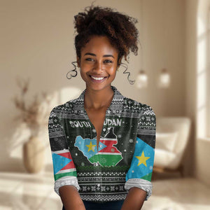 South Sudan Christmas Women Casual Shirt National Map Flag Colors and Sleeping Rhino Motif - African Pride