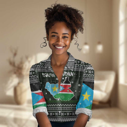 South Sudan Christmas Women Casual Shirt National Map Flag Colors and Sleeping Rhino Motif - African Pride