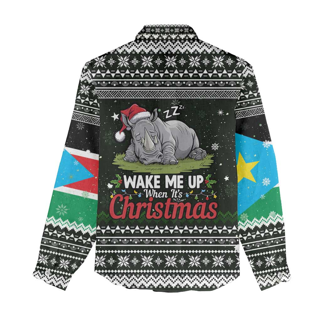 South Sudan Christmas Women Casual Shirt National Map Flag Colors and Sleeping Rhino Motif - African Pride