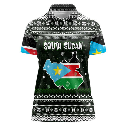 South Sudan Christmas Women Polo Shirt National Map Flag Colors and Sleeping Rhino Motif - African Pride