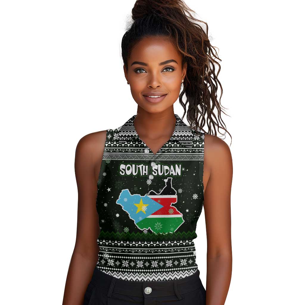 South Sudan Christmas Women Sleeveless Polo Shirt National Map Flag Colors and Sleeping Rhino Motif - African Pride