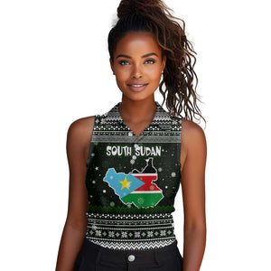 South Sudan Christmas Women Sleeveless Polo Shirt National Map Flag Colors and Sleeping Rhino Motif - African Pride