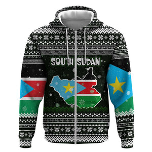 South Sudan Christmas Zip Hoodie National Map Flag Colors and Sleeping Rhino Motif - African Pride