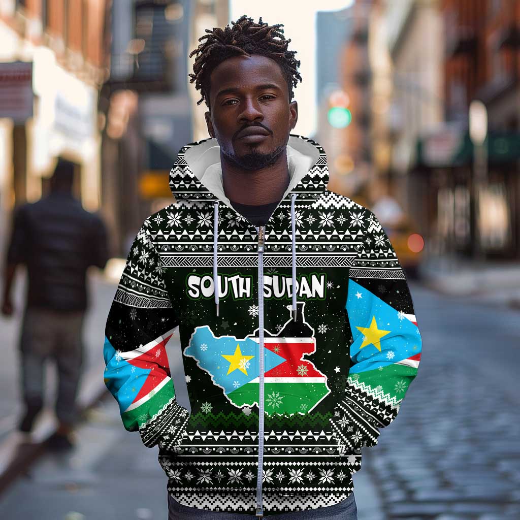 South Sudan Christmas Zip Hoodie National Map Flag Colors and Sleeping Rhino Motif - African Pride