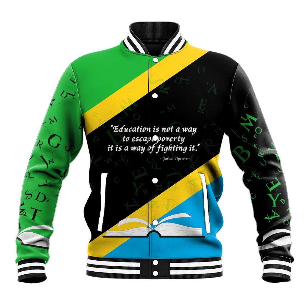 Julius Nyerere Baseball Jacket Education is a Way of Fighting Poverty Quote and Tanzanian Flag Alphabet - African Pride