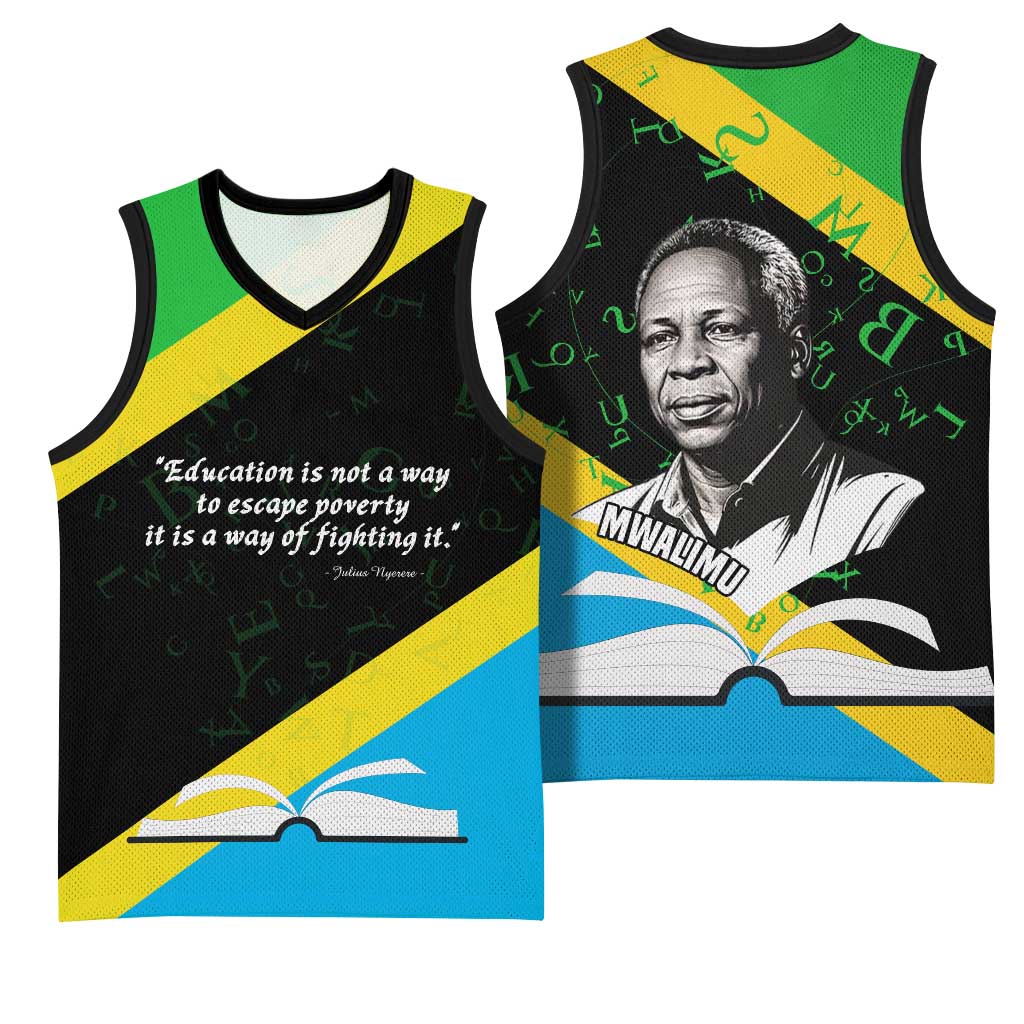 Julius Nyerere Basketball Jersey Education is a Way of Fighting Poverty Quote and Tanzanian Flag Alphabet - African Pride