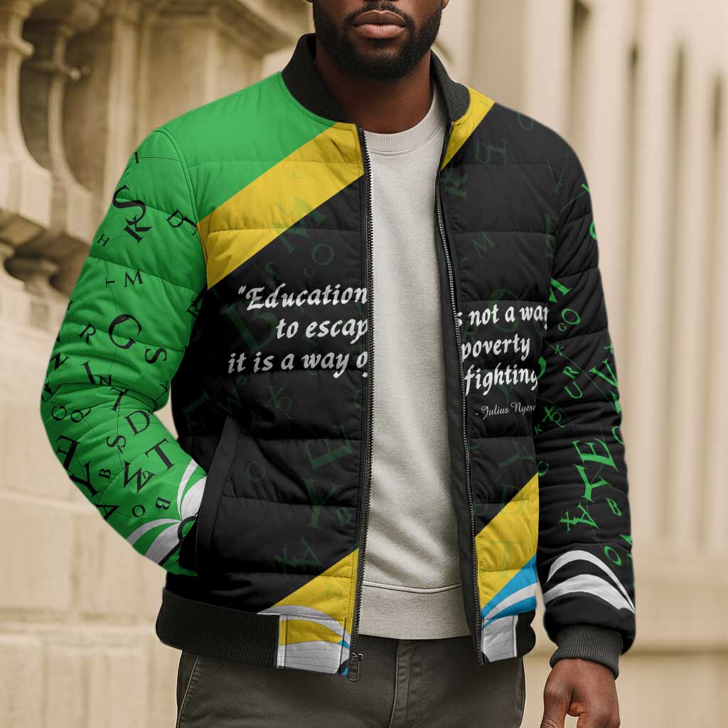 Julius Nyerere Bomber Puffer Jacket Education is a Way of Fighting Poverty Quote and Tanzanian Flag Alphabet - African Pride
