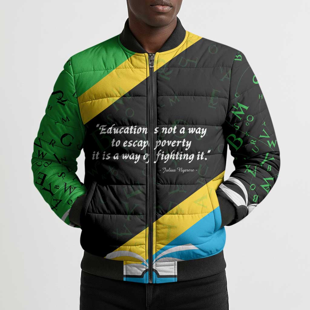 Julius Nyerere Bomber Puffer Jacket Education is a Way of Fighting Poverty Quote and Tanzanian Flag Alphabet - African Pride