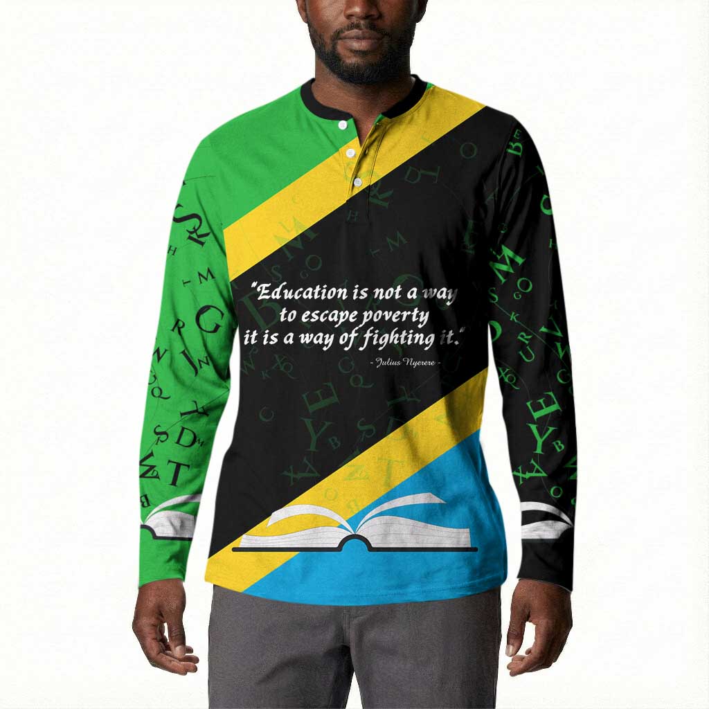 Julius Nyerere Button Sweatshirt Education is a Way of Fighting Poverty Quote and Tanzanian Flag Alphabet