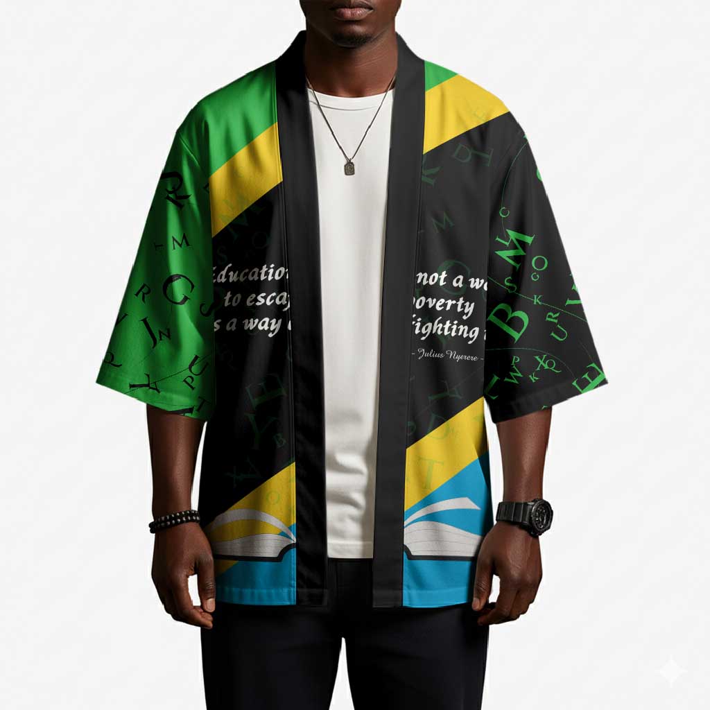 Julius Nyerere Kimono Education is a Way of Fighting Poverty Quote and Tanzanian Flag Alphabet - African Pride