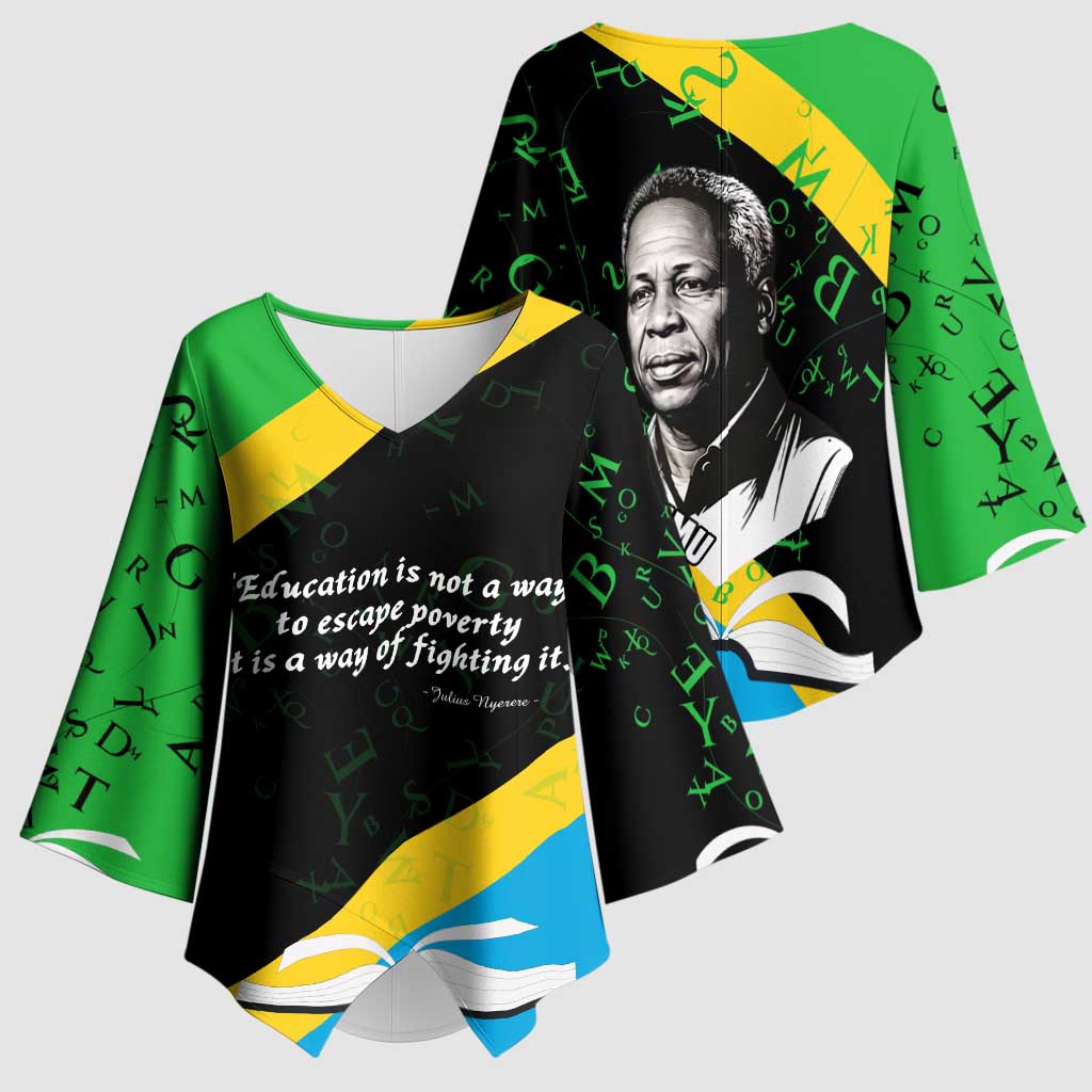 Julius Nyerere Kimono Sleeve Blouse Education is a Way of Fighting Poverty Quote and Tanzanian Flag Alphabet - African Pride