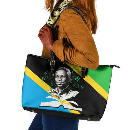 Julius Nyerere Leather Tote Bag Education is a Way of Fighting Poverty Quote and Tanzanian Flag Alphabet - African Pride
