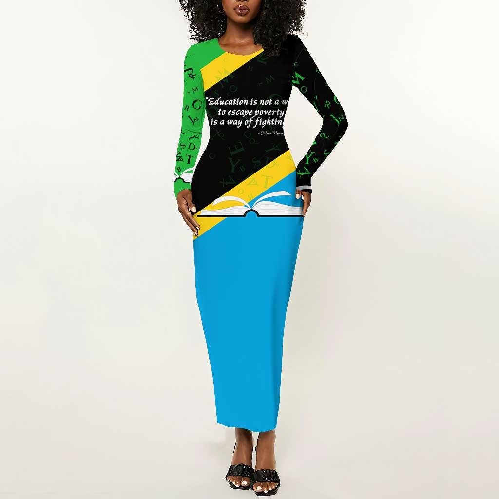 Julius Nyerere Long Sleeve Bodycon Dress Education is a Way of Fighting Poverty Quote and Tanzanian Flag Alphabet - African Pride