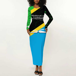 Julius Nyerere Long Sleeve Bodycon Dress Education is a Way of Fighting Poverty Quote and Tanzanian Flag Alphabet - African Pride